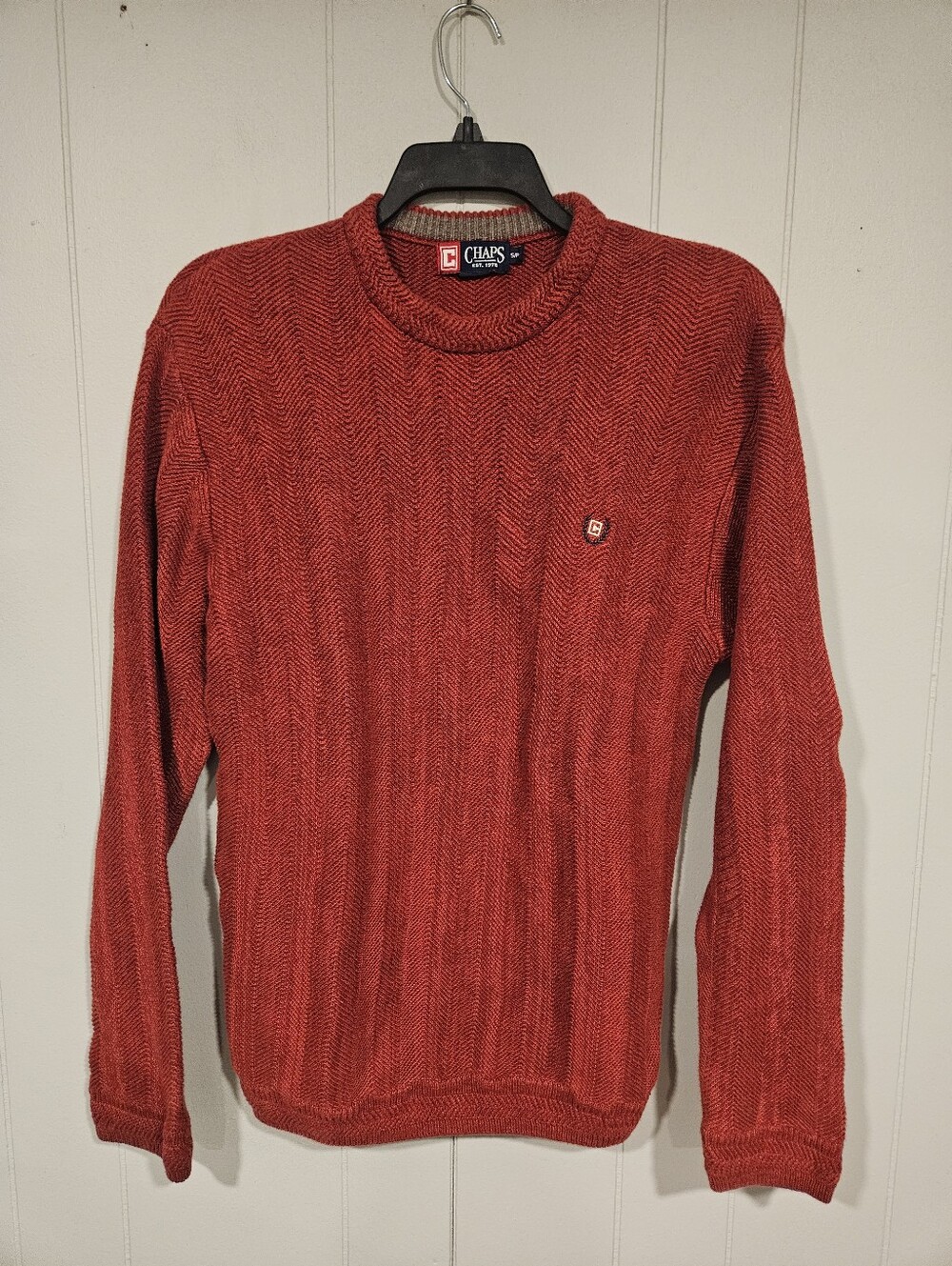 Chaps Ralph Lauren Herringbone Knit Sweater Mens Small Red Embroidered Crest
